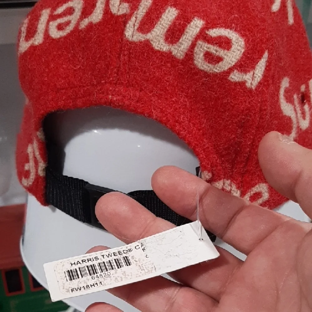Supreme Red Wool Logo Camp Cap with White All-Over Branding